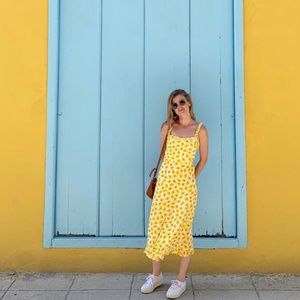 Faithfull the Brand Noemie Yellow Floral Print Ruffled Midi Dress